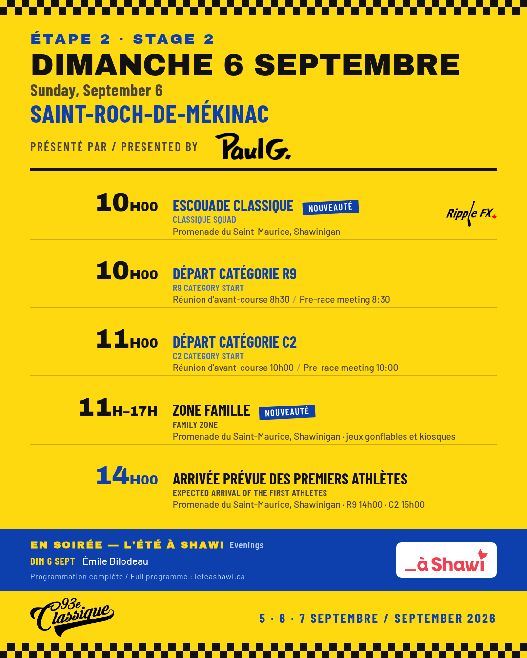 Horaire du dimanche 6 septembre 2026 — Étape 2, Saint-Roch-de-Mékinac