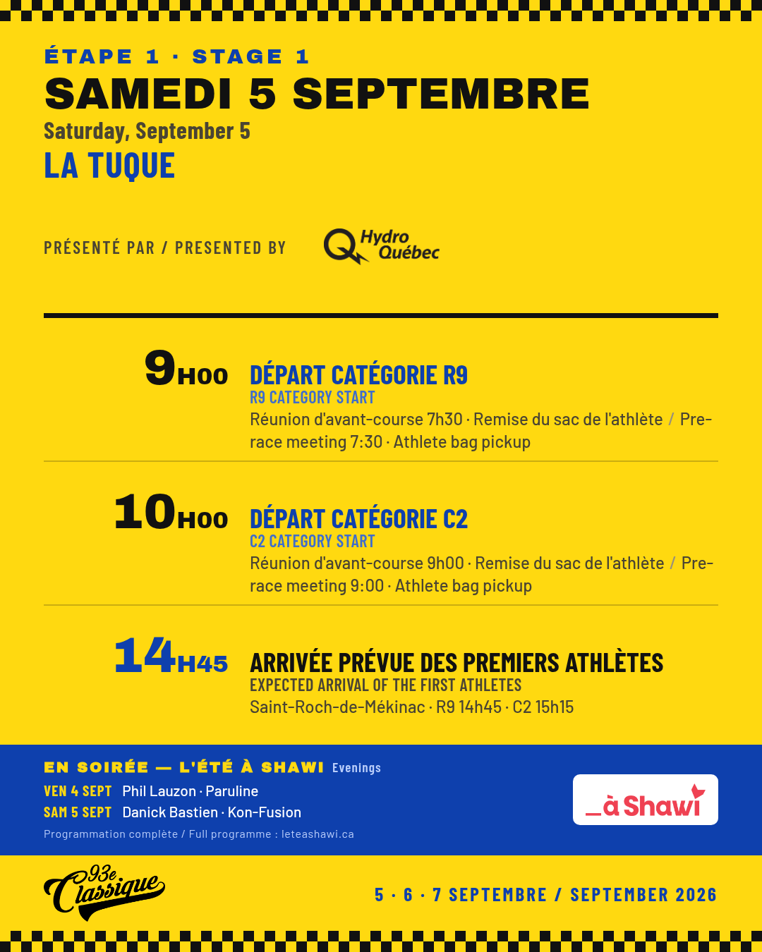 Horaire du samedi 5 septembre 2026 — Étape 1, La Tuque
